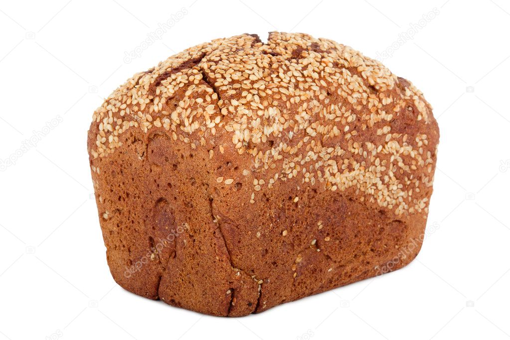 Baked rye bread with linseeds on the white isolated background