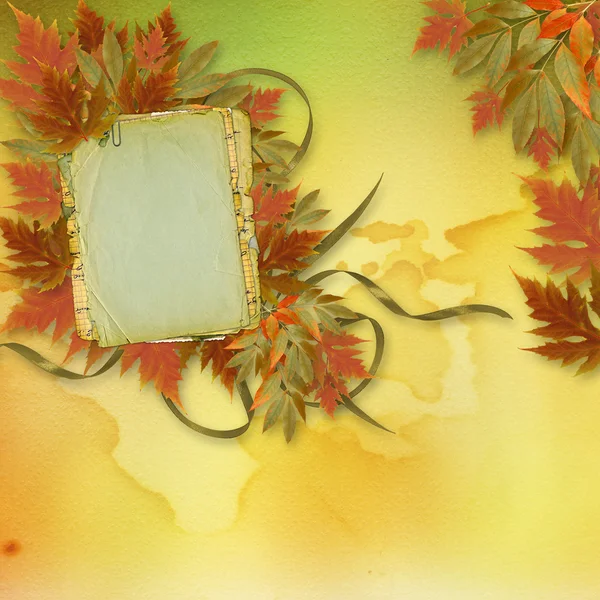 Bright autumn leaves on the abstract with paper frame — Stock Photo, Image