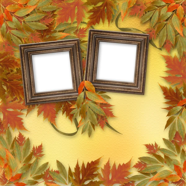 Světlé podzimní listí na pozadí abstraktní s dřevěnými fram — Stock fotografie