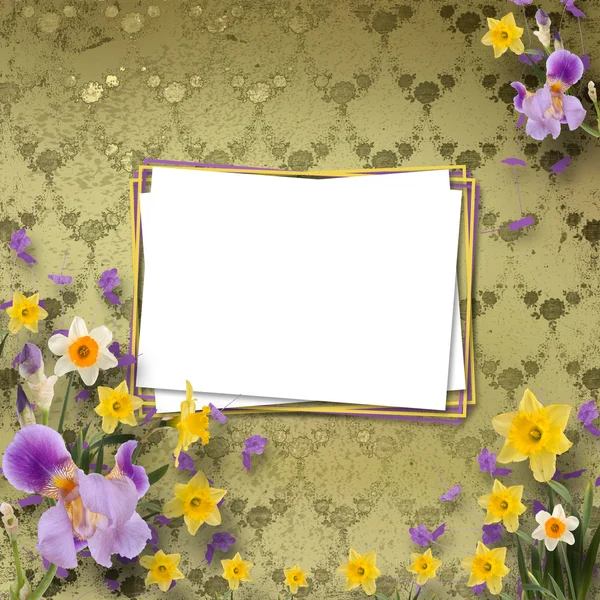 Beautiful frame with irises and daffodils on the background the — Stock Photo, Image