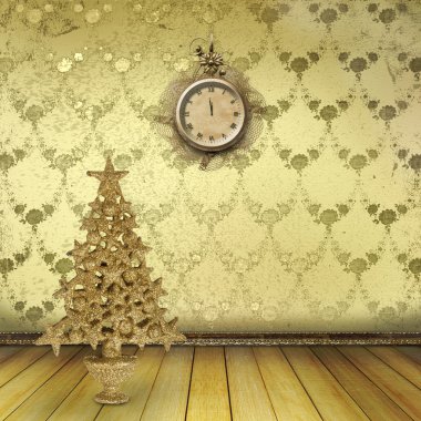 Christmas tree in the old room with clocks clipart