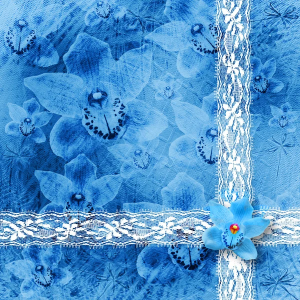 Grunge fából készült keretek az absztrakt zenei háttér초대 또는 파란색과 분홍색 난초와 축 하 카드 — 스톡 사진