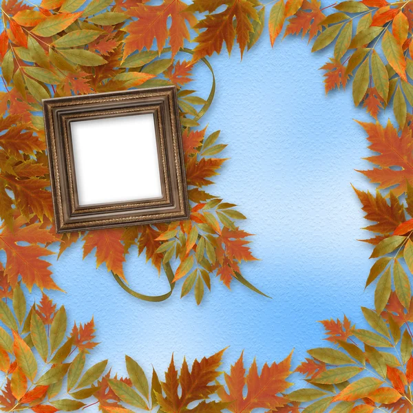Folhas de outono brilhantes no fundo abstrato com moldura de madeira — Fotografia de Stock