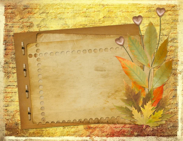 Grunge papers design in scrapbooking style with foliage and hear — Stock Photo, Image