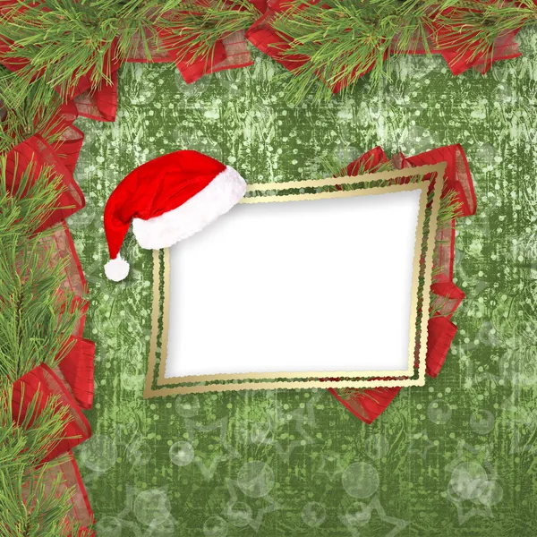 Weihnachtsgrußkarte mit Fichtenzweigen und Bändern — Stockfoto