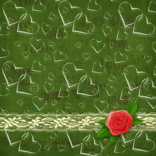 Kaart voor heilwens of uitnodiging met rode roos en harten — Stockfoto