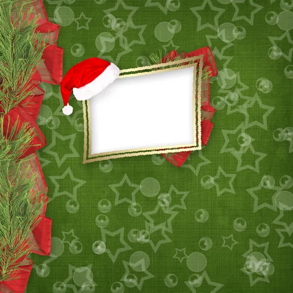 Weihnachtsgrußkarte mit Fichtenzweigen und Bändern — Stockfoto