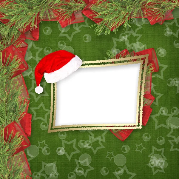 Boże Narodzenie kartkę z życzeniami z gałęzi świerka i wstążki — Zdjęcie stockowe