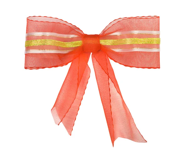 Rote Schleife mit goldenem Band und Bändern auf weißem Hintergrund — Stockfoto