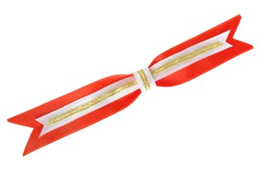 Red bow with gold tape and ribbons on white background clipart