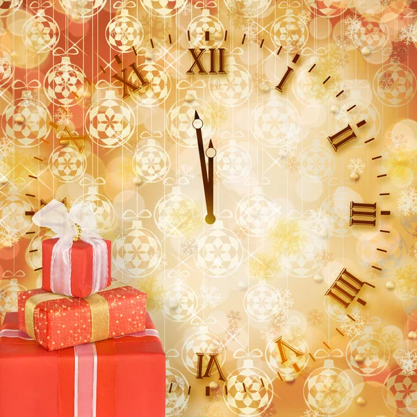 Cajas de regalo navideñas decoradas con lazos y cintas en el brillante —  Fotos de Stock