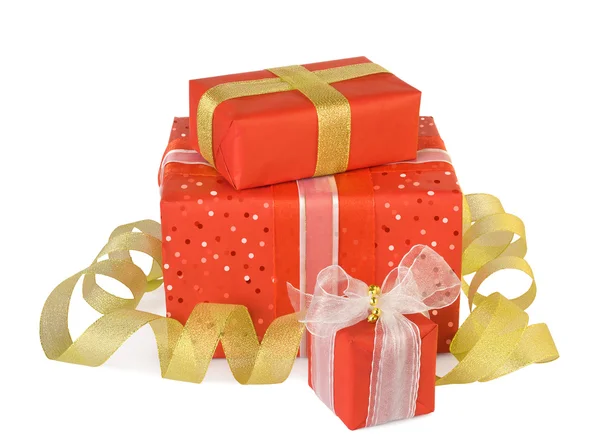 Holiday gift boxes decorated with bows and ribbons isolated on w — Stock Photo, Image