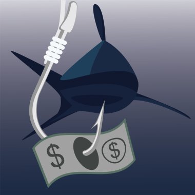 Bank note on fishing hook with shark on background clipart