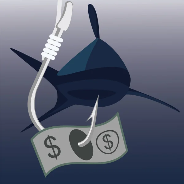 Bank nota over visserij haak met haai op achtergrond — Stockvector