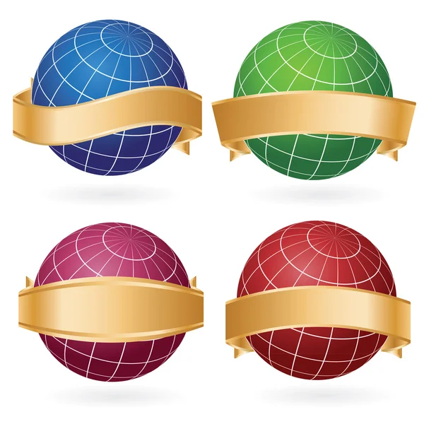 Planet globes in golden ribbons — Stock Vector