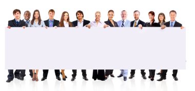 Group of business holding a banner ad isolated on white clipart