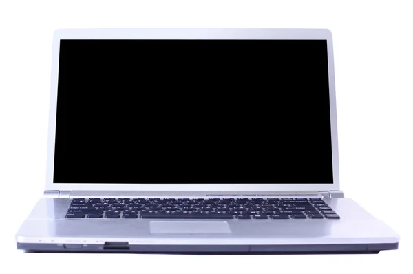 Moderne laptop geïsoleerd op wit met reflecties op glazen tafel. — Stockfoto