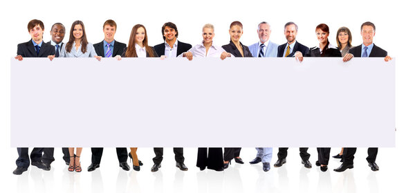 Group of business holding a banner ad isolated on white