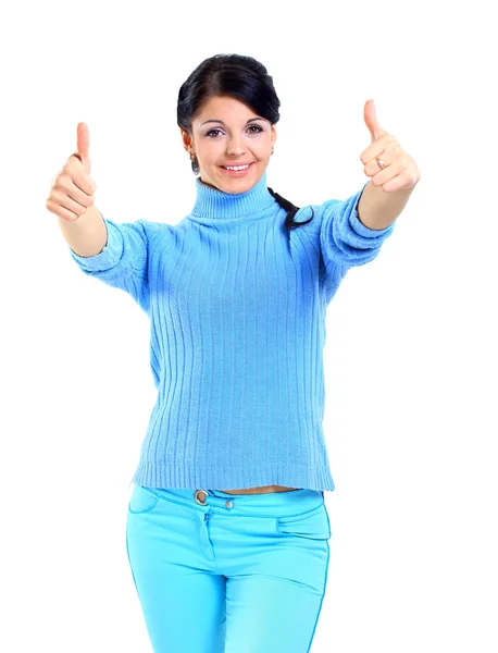 Glimlachende vrouw met duimen omhoog — Stockfoto