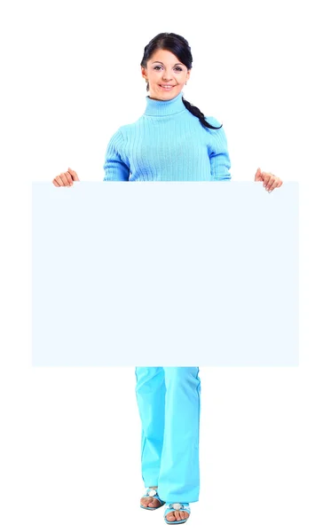 Mladá šťastná žena držící bílá transparent — Stock fotografie