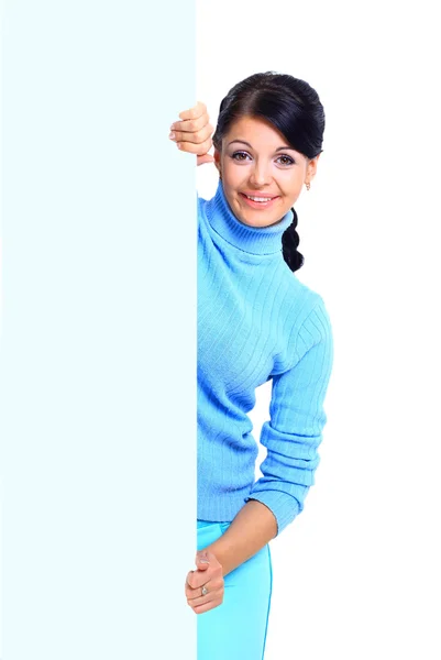 Młoda kobieta szczęśliwa trzymając afisz biały — Zdjęcie stockowe