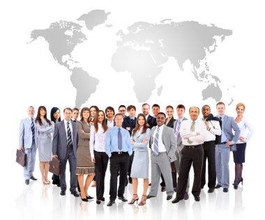 Businessmen standing in front of an earth map clipart