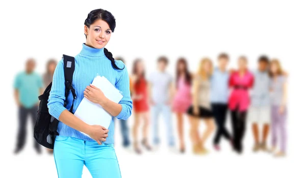 Beautiful girl with group of happy students — Stock Photo, Image