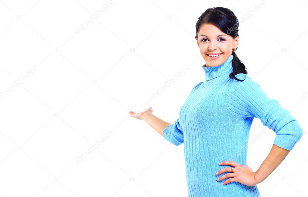 Attractive woman with hand on white background