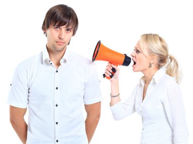 Young woman gets earful from an annoyed man isolated on white background clipart