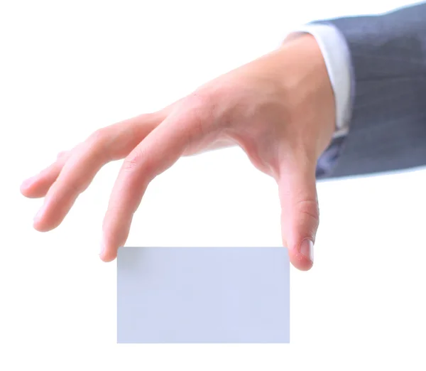 Mão de empresário segurando cartão de visita em papel em branco — Fotografia de Stock