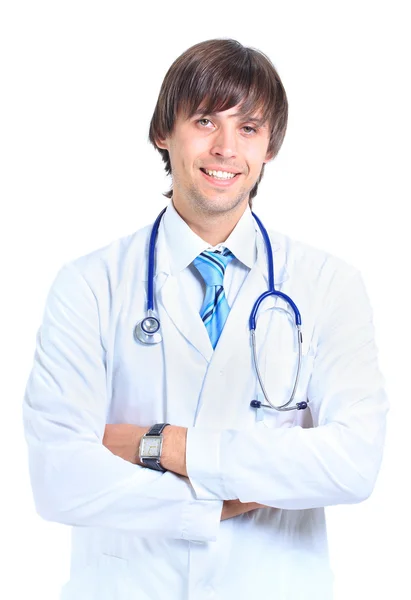 Unga manliga läkare porträtt, isolerad på vit bakgrund — Stockfoto