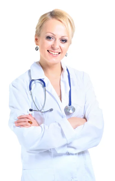 Genç bir kadın doktor portresi, beyaz zemin üzerine izole — Stok fotoğraf