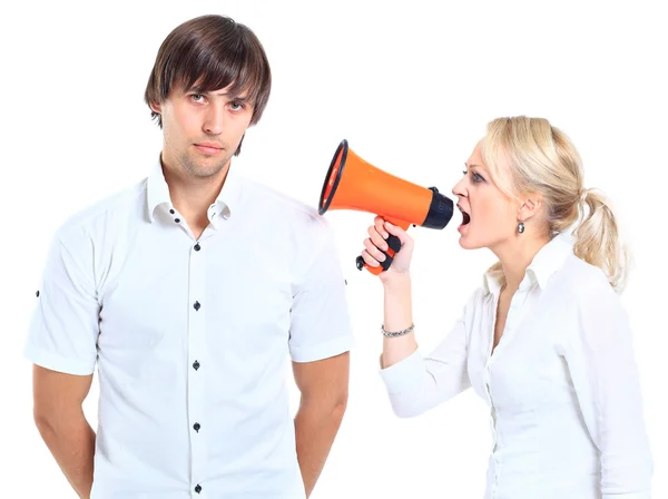 stock image Young woman gets earful from an annoyed man isolated on white background