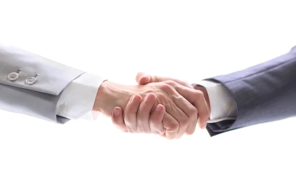 Два бизнесмена пожимают друг другу руки, изолированные на белом — стоковое фото