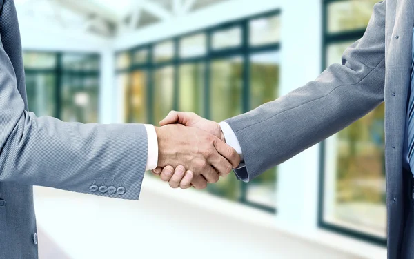Foto de aperto de mão de parceiros de negócios depois de assinar contrato promissor — Fotografia de Stock
