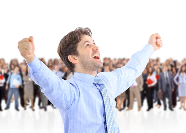 Nagyon boldog, energikus üzletember emelt karokkal — Stock Fotó