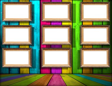 Nine Blank Frames in Multicolored Wooden Room clipart