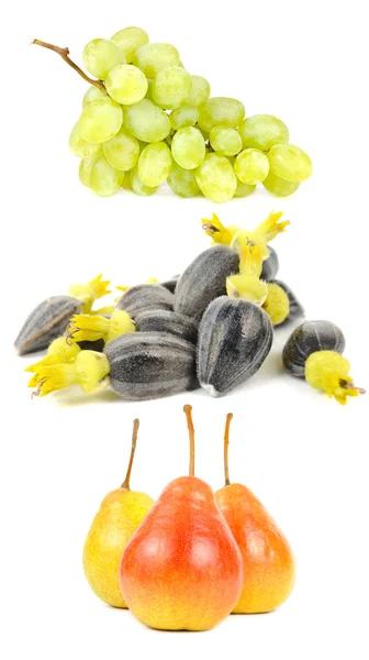 Hrozny, slunečnicová semena a hrušky — Stock fotografie