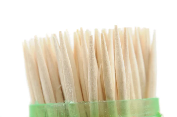 Palillos de dientes de madera en estuche de plástico —  Fotos de Stock