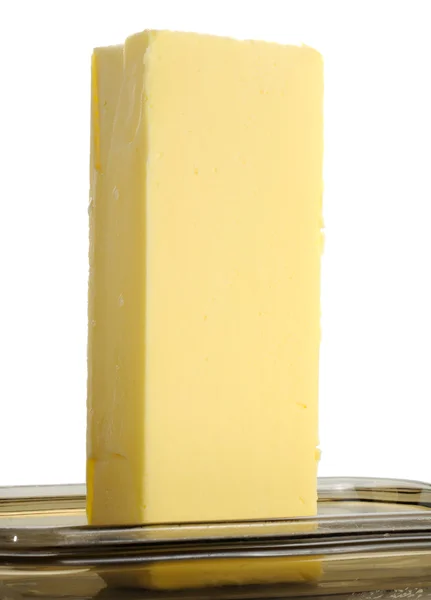 ガラス butterdish にバターの棒 — ストック写真