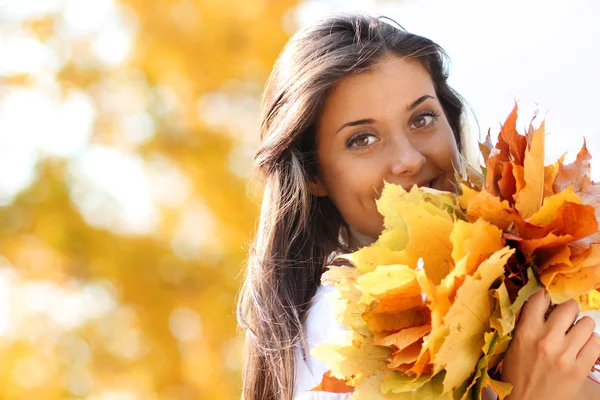 Meisje met een boeket van esdoorn bladeren — Stockfoto