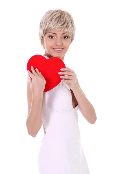Woman holding a red heart — Stock Photo, Image