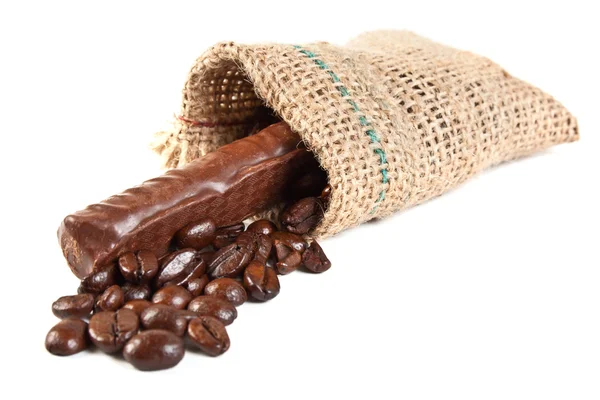 Kaffebønner i en linned sæk - Stock-foto
