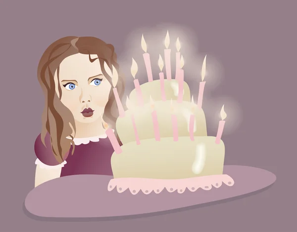 Fille soufflant sur le gâteau — Image vectorielle