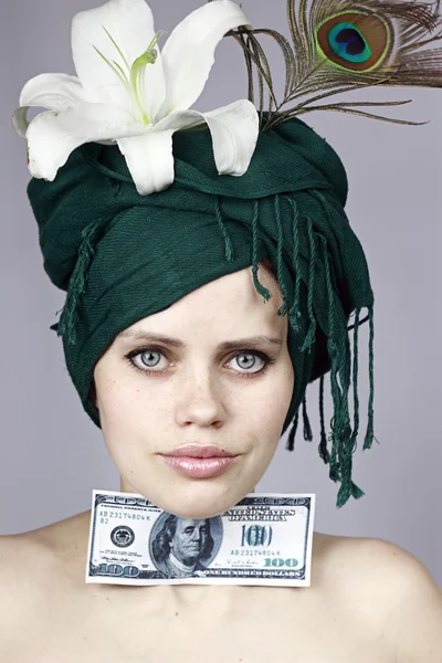 Pige med penge - Stock-foto