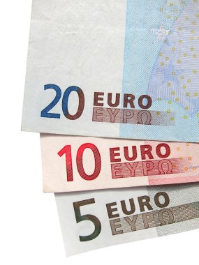 Close up colorful five, ten and twenty Euros cash notes. clipart