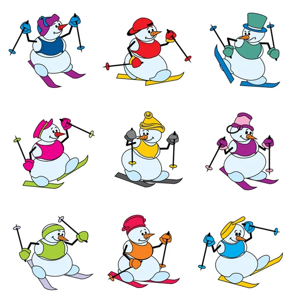 Definir esquiador boneco de neve divertido — Vetor de Stock