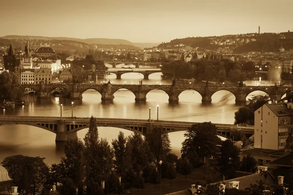 Visa vid charles bridge och floden Moldau, sepia — Stockfoto