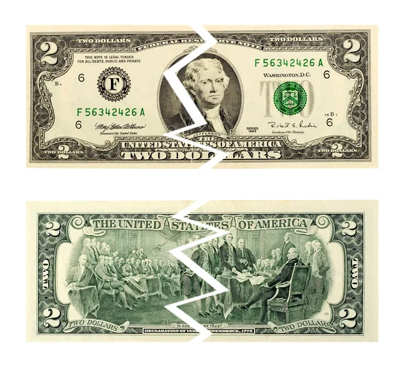 Roztrhaný roztrhané peníze dva dolar — Stock fotografie