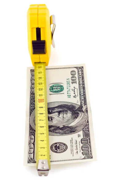 Measure tape on hundred dollar — Stock Photo, Image